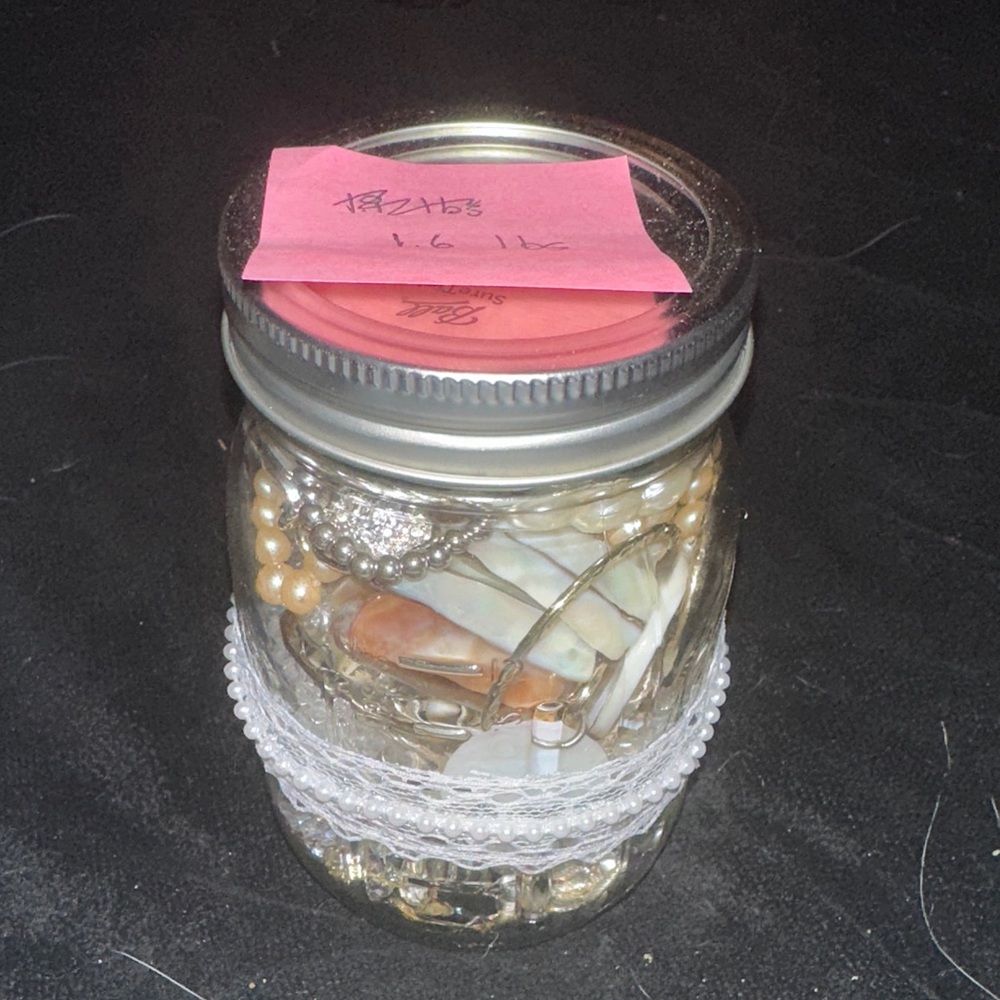 1.6 lbs Mixed Jewelry Lot Necklace Bracelet Earrings Pearly in Mason Jar